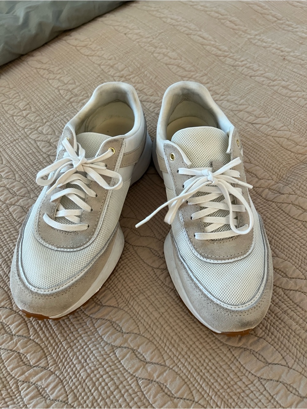 Cole Haan White and Light Beige Mesh Suede Sneakers